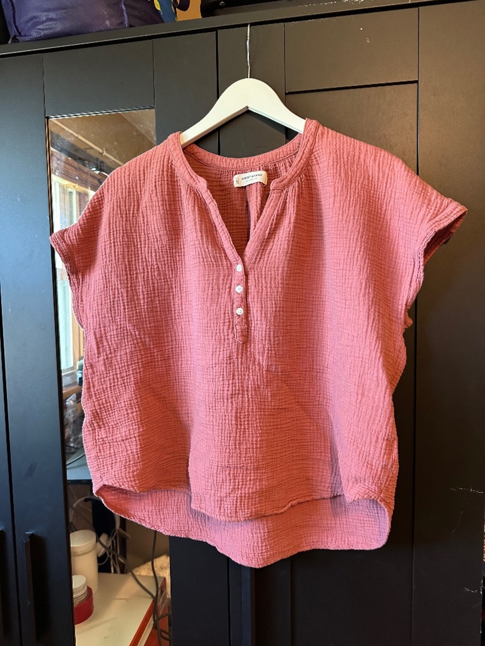 Lucky Brand Coral Cotton Gauze Henley Popover Blouse Top L